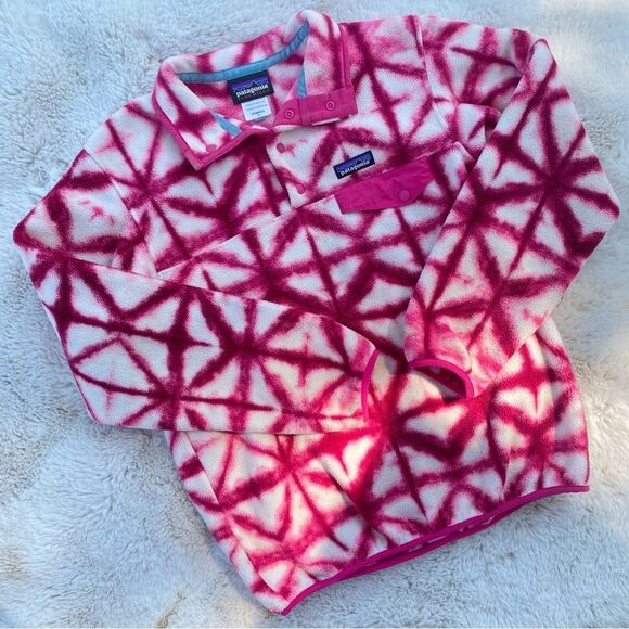 PATAGONIA Diamond Pink White Tie Dye Fleece Quarter Button Synchilia Pull Over S - Picture 1 of 7